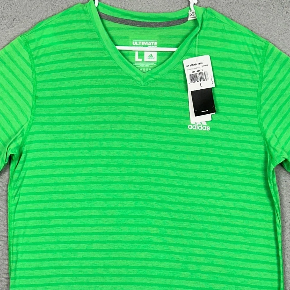 NEW Adidas T-Shirt Mens Large Ultimate Tee Green Striped Climalite V-Neck Tee